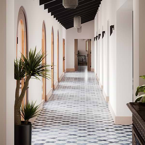 Parma White Polished Star and Denim Blue Matte Cross 6" Terracotta Look Porcelain Tile