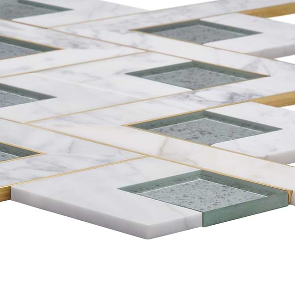 Zeta Mirror Silver Polished Marble- Antique Mirror and Brass Waterjet Mosaic Tile