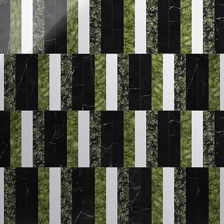 Elizabeth Sutton Arc Offset Linear Soul Green & Black 12x12 Polished Marble Mosaic Tile