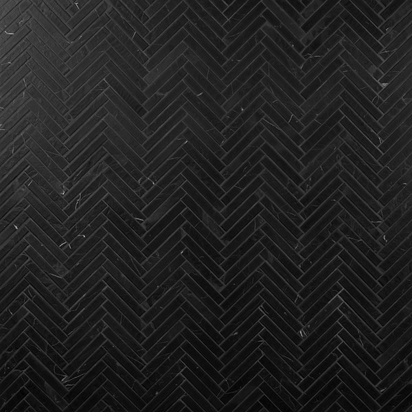 Velour Nero Marquina 1x6 Herringbone Leather Marble Mosaic Tile in Black, White, View 1