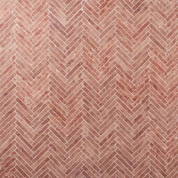 Velour Red Travertine 1x6 Herringbone Leather Marble Mosaic Tile in Red, View 1