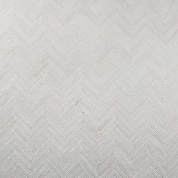 Velour Vanilla 1x6 Herringbone Leather Marble Mosaic Tile in Warm White, View 1