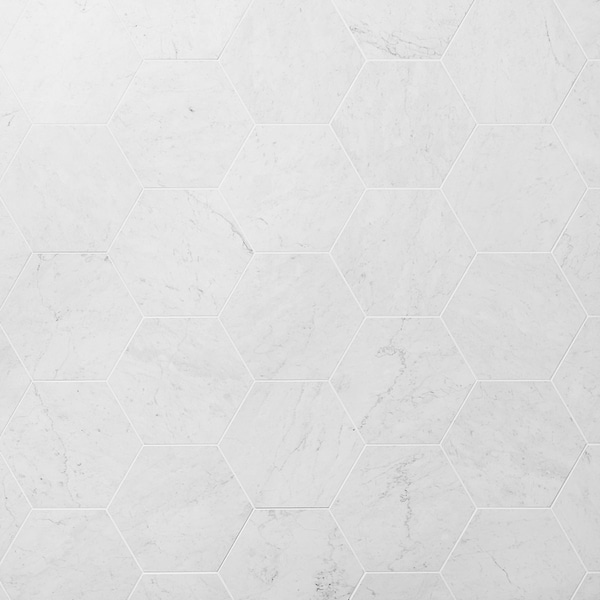 Bianco Carrara 10" Hexagon Honed Marble Tile in White, View 1