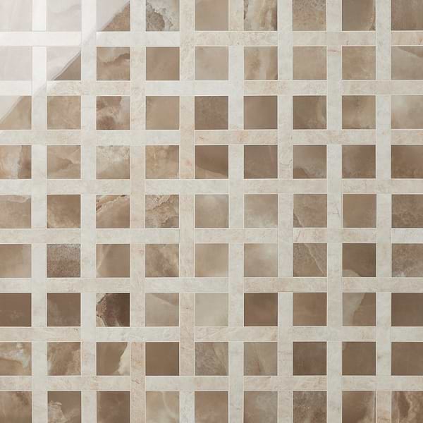 Grand Taj Mahal Cleo Dark Brown and Beige Polished Porcelain Mosaic Tile in Brown, Beige, View 1