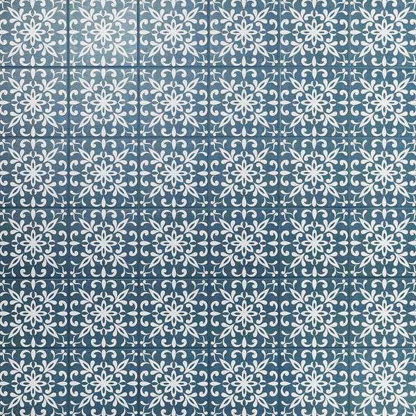 Elowynn Medallion Marina Blue 8x8 Matte Porcelain Tile by Kravet in Blue, White, View 1