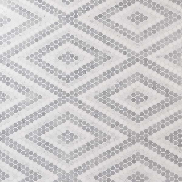 Juno Diamond Gray and White 1" Hexagon Polished Marble Mosaic Tile