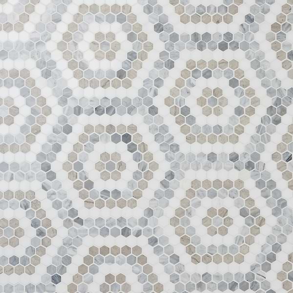 Juno Honeycomb Beige and Gray 1" Hexagon Polished Marble Mosaic Tile