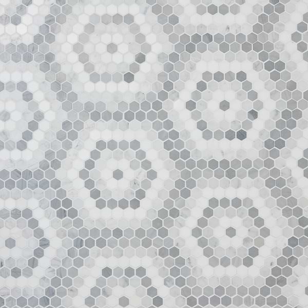 Juno Honeycomb Gray and White 1" Hexagon Polished Marble Mosaic Tile
