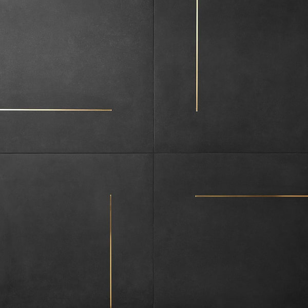 Lines Brass Inlay Black 24X24 Matte Porcelain Tile in Black and Gold, View 1