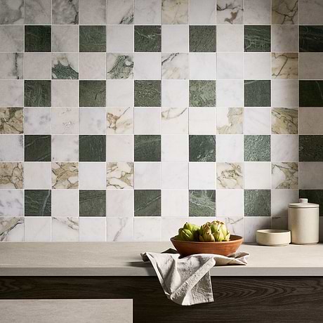 Calacatta Verde Premium and Glacier White and Tia Verde 4x4 Honed Marble Mosaic Tile