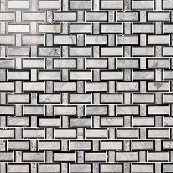 Esplanade Gray and Nero Marquina Polished Marble Mosaic Tile in Gray, White, Black, View 1