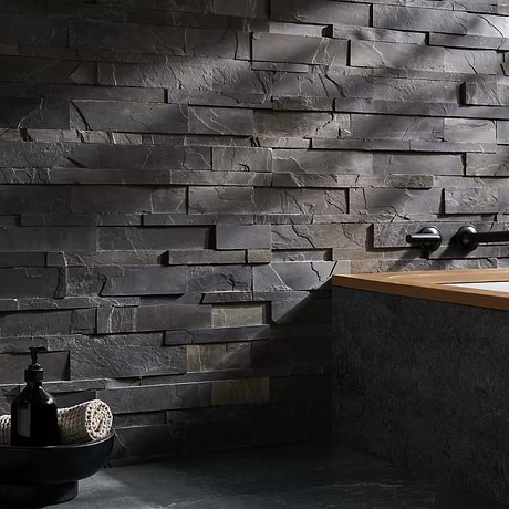 Tenerife Midnight Black 6x24 Splitface Slate Stacked Stone Tile