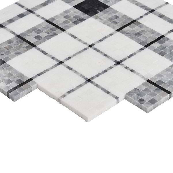 Microsaic Plaid Bardiglio Black & White Polished Marble Mosaic Tile