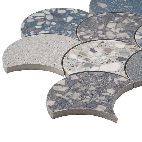 Kobe Fishscale Cool Blue Mix 4" Terrazzo Look Matte Porcelain Mosaic Tile