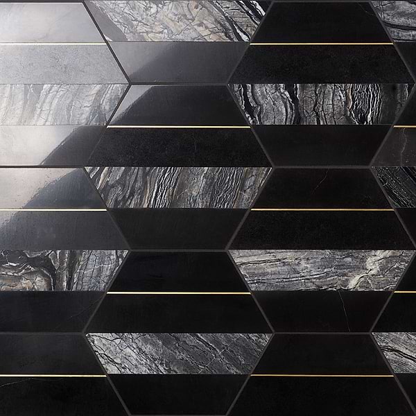 Margo Black and Gold 9" Hexagon Polished Nero Marquina Marble and Brass Mosaic Tile