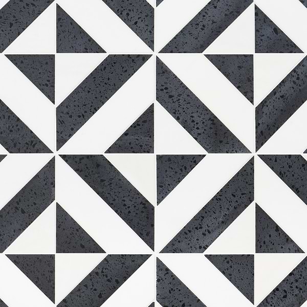 Cleopatra Diagonal Pepper Black Terrazzo and Bianco White Marble Polished Mosaic Tile