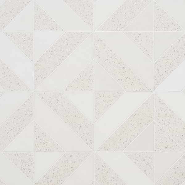 Cleopatra Diagonal Salt White Terrazzo and Bianco White Marble Polished Mosaic Tile