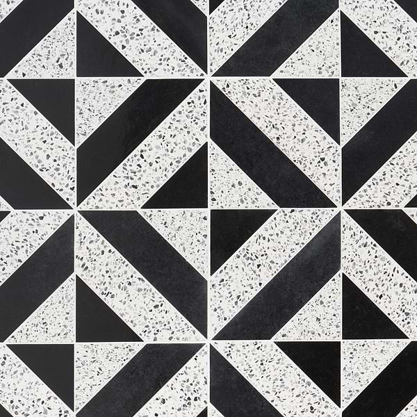 Cleopatra Diagonal Truffle White Terrazzo and Nero Marquina Black Marble Polished Mosaic Tile