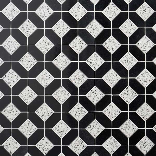 Cleopatra Diamond Truffle White Terrazzo and Nero Marquina Black Marble Polished Mosaic Tile