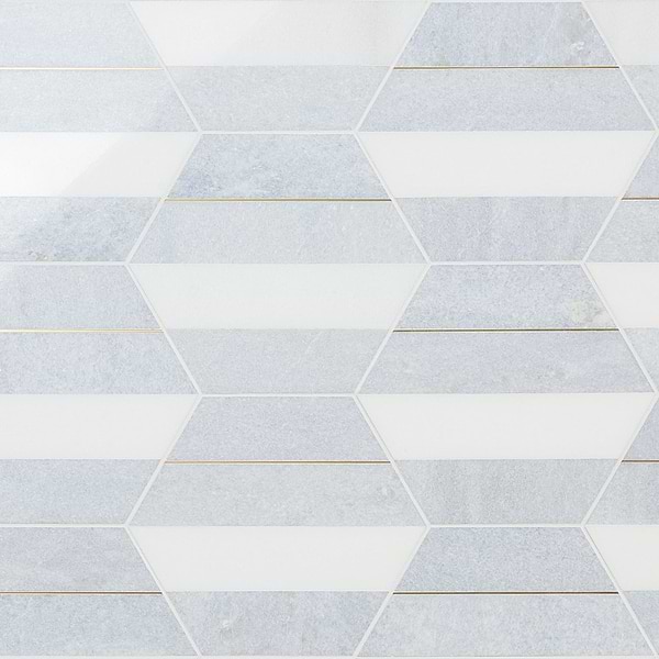 Margo Blue and Gold 9" Hexagon Polished Blue Celeste Marble and Brass Mosaic Tile