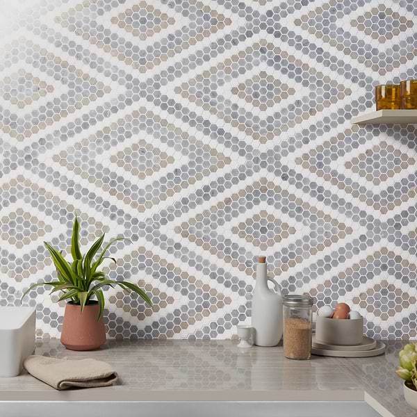Juno Diamond Beige and Gray 1" Hexagon Polished Marble Mosaic Tile
