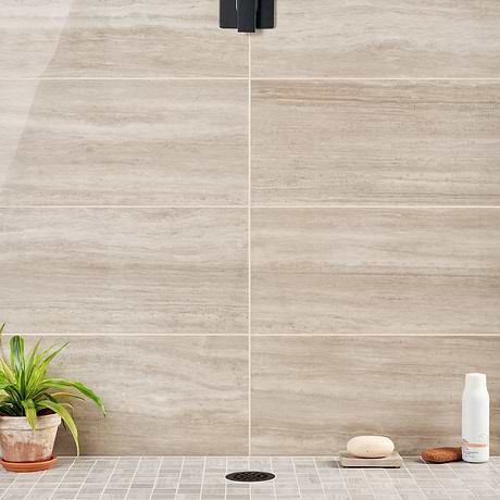 Nashville Taupe Beige 12x24 Travertine Look Polished Porcelain Tile