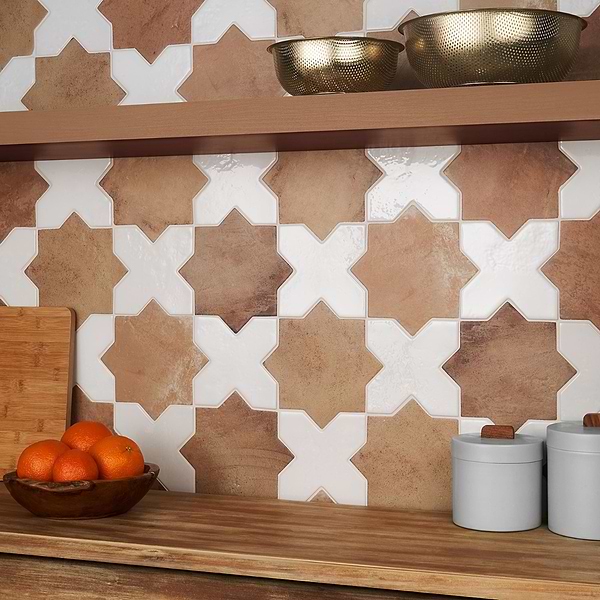 Parma Cotto Brown Matte Star and White Polished Cross 6" Terracotta Look Porcelain Tile