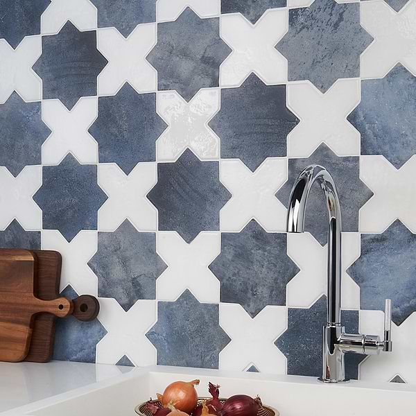 Parma Denim Blue Matte Star and White Polished Cross 6" Terracotta Look Porcelain Tile