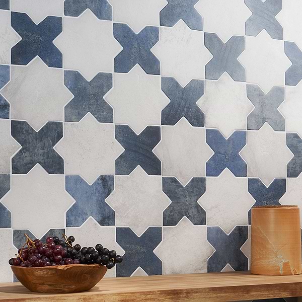 Parma White Matte Star and Denim Blue Matte Cross 6" Terracotta Look Porcelain Tile