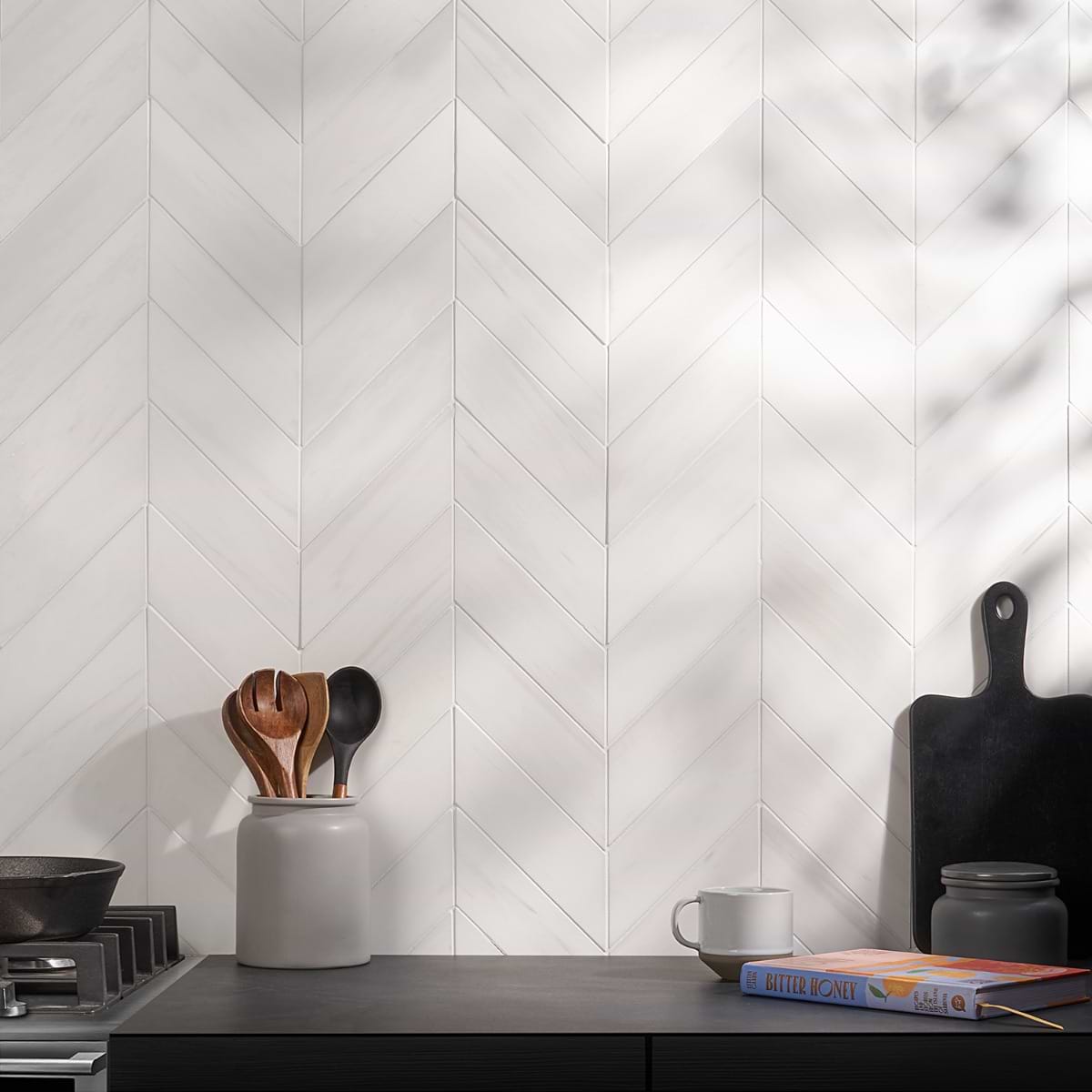 Bianco Dolomite Premium White 3x12 Chevron Honed Marble Tile; in White Marble; for Backsplash, Bathroom Floor, Bathroom Wall, Commercial Floor, Floor Tile, Kitchen Floor, Kitchen Wall, Outdoor Floor, Outdoor Wall, Shower Floor, Shower Wall, Wall Tile; in Style Ideas Art Deco, Classic, Contemporary, Traditional, Transitional