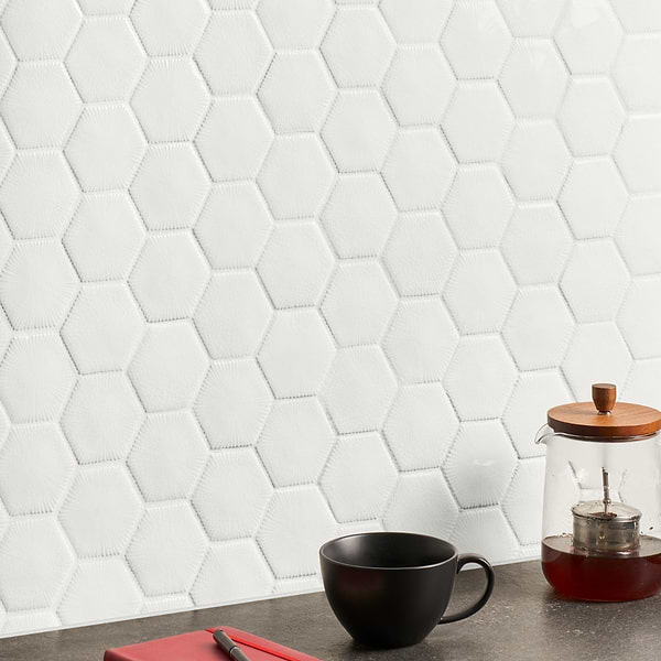 Nabi Hexagon Glacier White 3" Crackled Glossy Glass Mosaic Tile