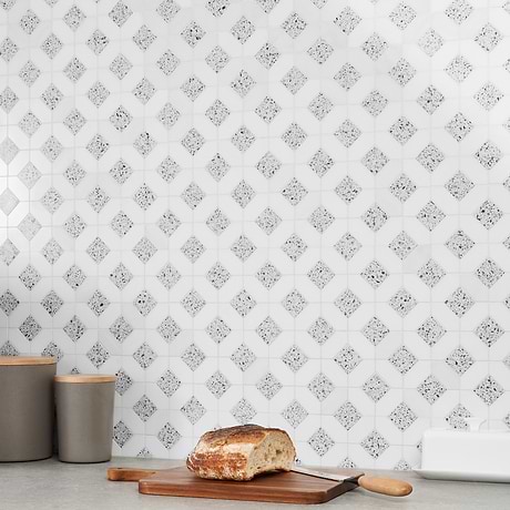 Cleopatra Diamond Truffle White Terrazzo and Bianco White Marble Polished Mosaic Tile