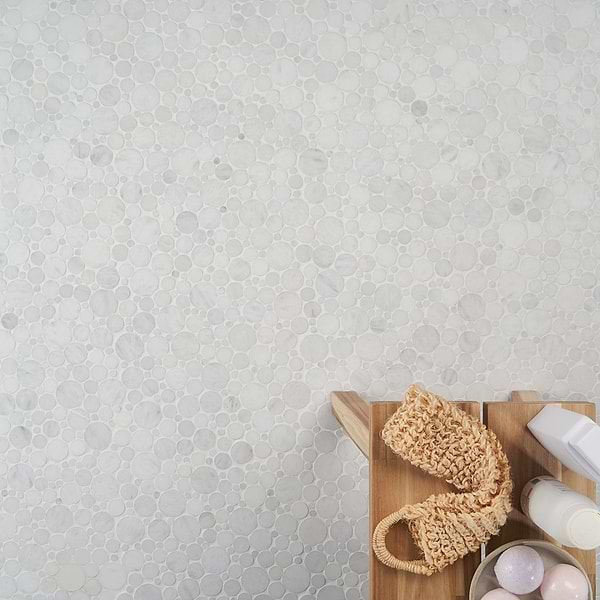 Kinetic White Asian Statuary Small Circles Honed Marble Mosaic Tile