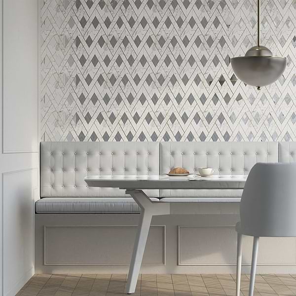 Zeta Mirror Silver Polished Marble- Antique Mirror and Brass Waterjet Mosaic Tile