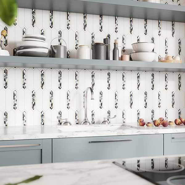 Zeus White Calacatta 2x8 Picket Polished Marble and Brass Waterjet Mosaic Tile