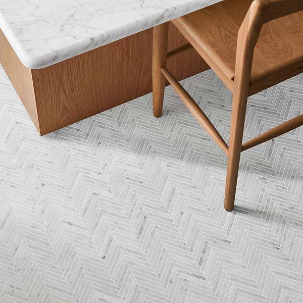 Bianco Carrara 1/2x4 Herringbone Polished Marble Mosaic Tile in White, View 2, open zoomed image