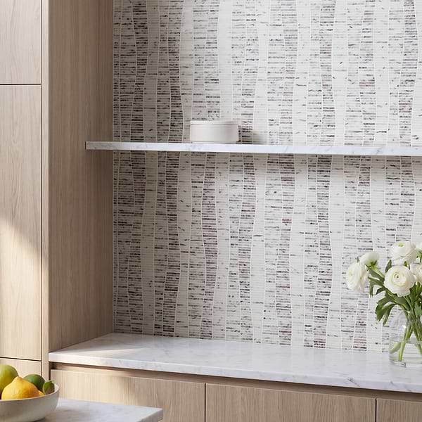 Ladera Lilac Honed Marble Wave Micro Mosaic Tile in White, Purple, View 2, open zoomed image