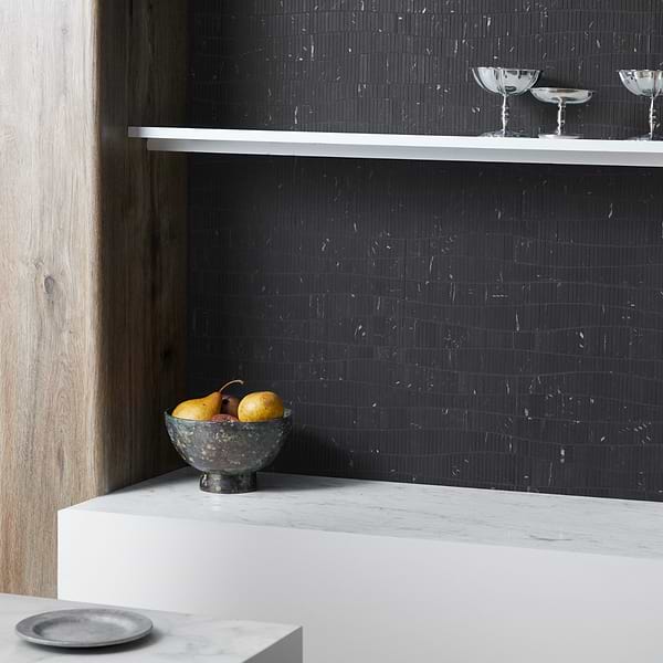 Ladera Nero Marquina Honed Marble Wave Micro Mosaic Tile in Black, View 2, open zoomed image