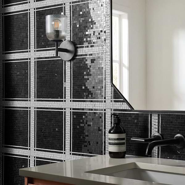 Lattica Nero Marquina Polished Marble Micro Mosaic Tile in Black, White, View 2, open zoomed image