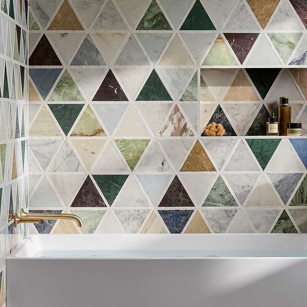Valerie Multicolor 6" Triangle Polished Marble Mosaic Tile in Multicolor, View 2, open zoomed image
