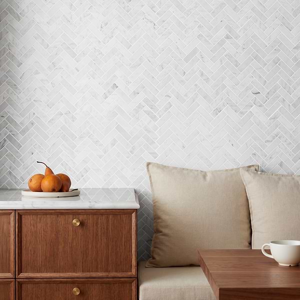 Bianco Carrara 1x3 Herringbone Polished Marble Mosaic Tile in White, View 2, open zoomed image