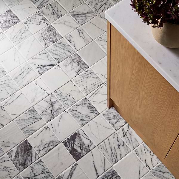 Velour Lilac 4x4 Leather Marble Tile in White, Purple, View 2, open zoomed image
