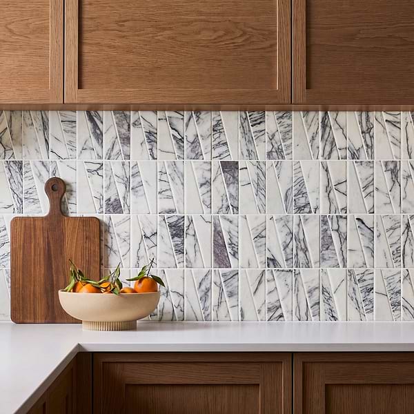 Velour Lilac 2x6 Trapezoid Leather Marble Mosaic Tile in White, Purple, View 2, open zoomed image
