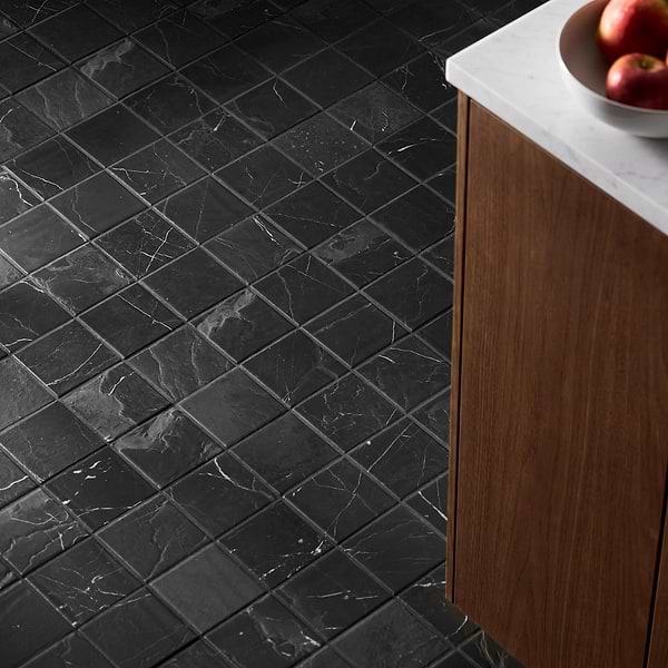 Velour Nero Marquina 4x4 Leather Marble Tile in Black, White, View 2, open zoomed image