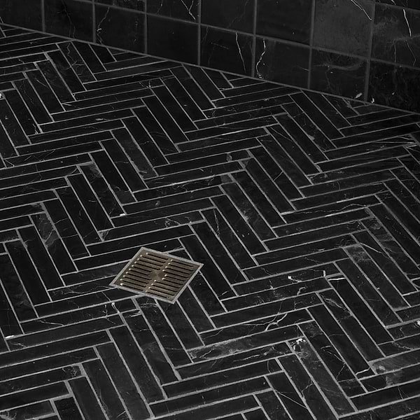 Velour Nero Marquina 1x6 Herringbone Leather Marble Mosaic Tile in Black, White, View 2, open zoomed image