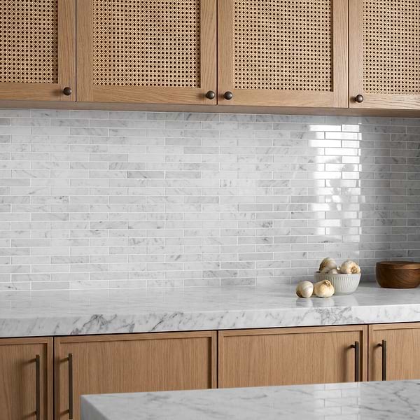 Bianco Carrara 1x4 Brick Polished Marble Mosaic Tile in White, View 2, open zoomed image