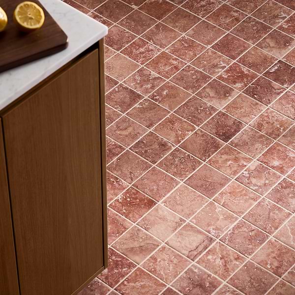 Velour Red Travertine 4x4 Leather Marble Tile in Red, View 2, open zoomed image