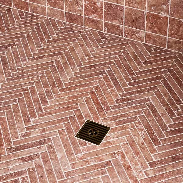 Velour Red Travertine 1x6 Herringbone Leather Marble Mosaic Tile in Red, View 2, open zoomed image