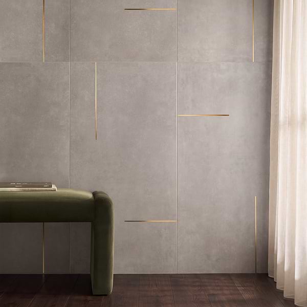 Lines Brass Inlay Greige 24X48 Matte Porcelain Tile in Greige and Gold, View 2, open zoomed image