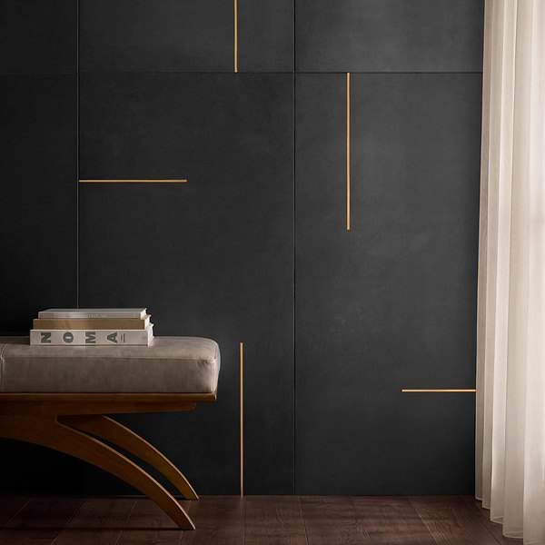Lines Brass Inlay Black 24X48 Matte Porcelain Tile in Black and Gold, View 2, open zoomed image
